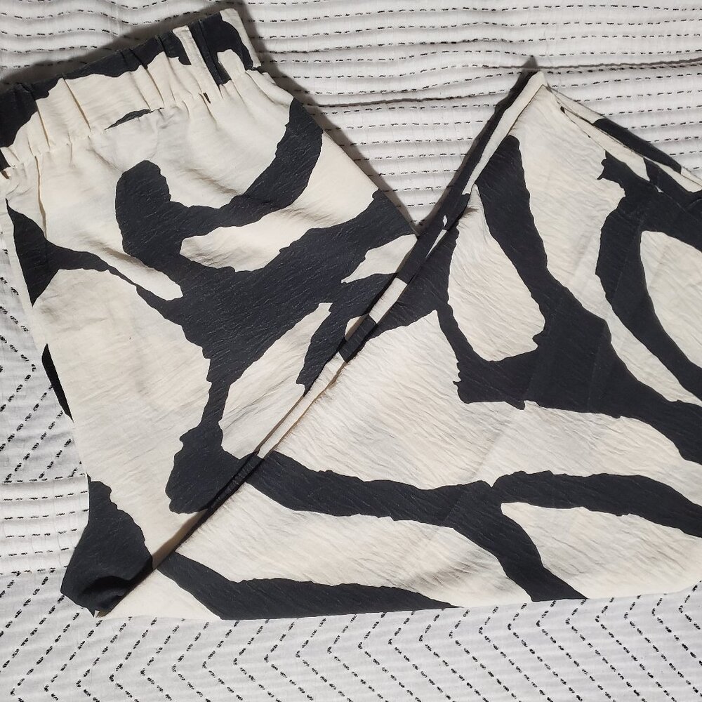 Wide Leg Women's Pants in Black & Cream Abstract Print